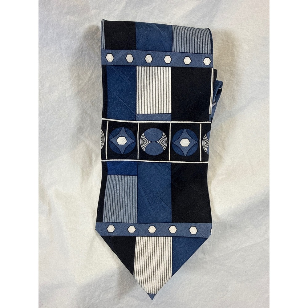 Carlo Palazzi Studio Mens Silk Tie Blue Black Geometric Patchwork Handmade 56x4